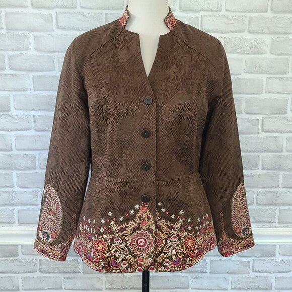 Vintage Coldwater Creek Embroidered Fitted Blazer Jacket Brown Romantic Boho 10 - Picture 1 of 9
